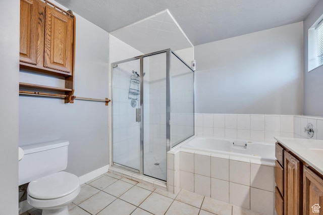 4940 S Atwood Blvd, Murray, UT 84107 - full bathroom with a bath, a shower stall, tile patterned flooring, and vanity