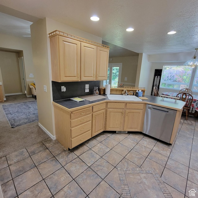 5272 S 1035 E, South Ogden, UT 84403 - kitchen featuring stainless steel dishwasher, light brown cabinetry, recessed lighting, a peninsula, and light tile patterned floors