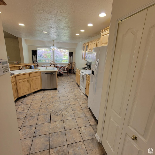 5272 S 1035 E, South Ogden, UT 84403 - kitchen with white appliances, light brown cabinetry, recessed lighting, a textured ceiling, and light tile patterned flooring