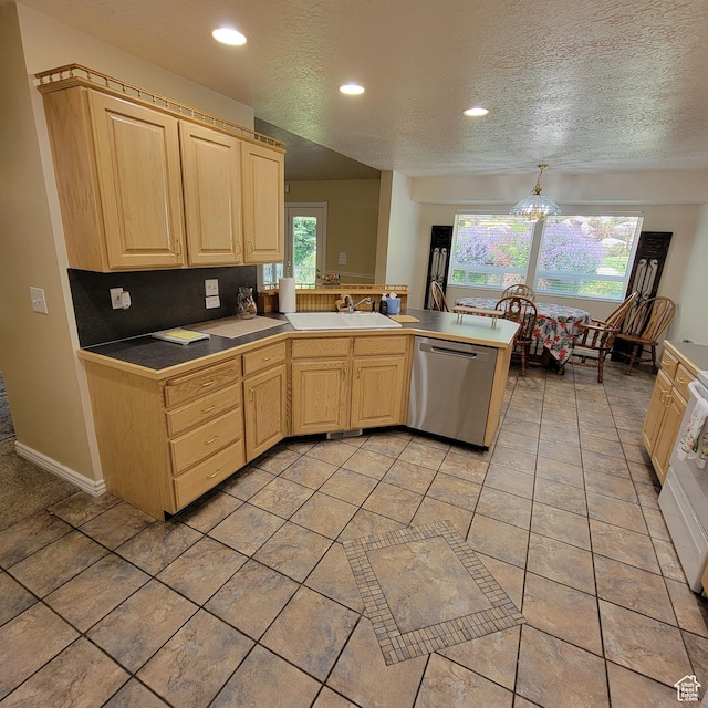 5272 S 1035 E, South Ogden, UT 84403 - kitchen with dishwasher, light brown cabinets, a textured ceiling, recessed lighting, and a peninsula