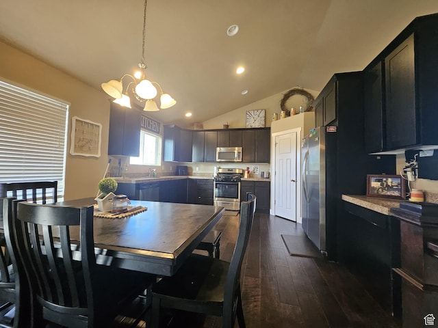 2175 E 1000 N, Ballard, UT 84066 - dining area with a chandelier, dark wood-style floors, lofted ceiling, and recessed lighting