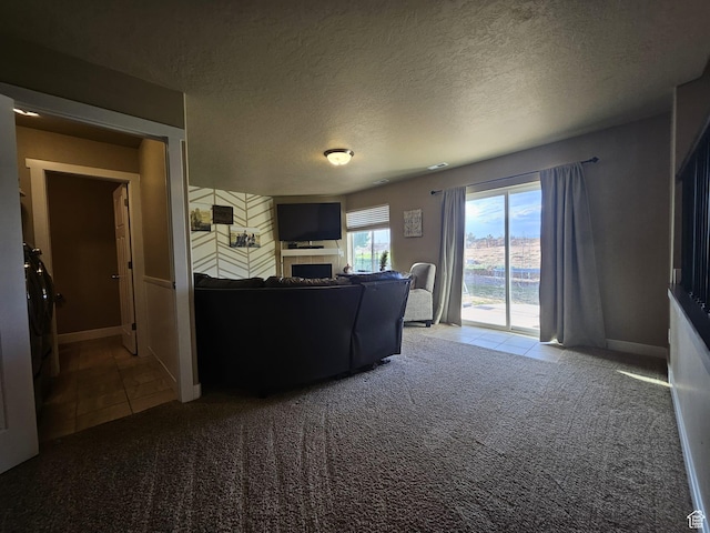2175 E 1000 N, Ballard, UT 84066 - living room with carpet floors, a textured ceiling, a tile fireplace, and tile patterned floors
