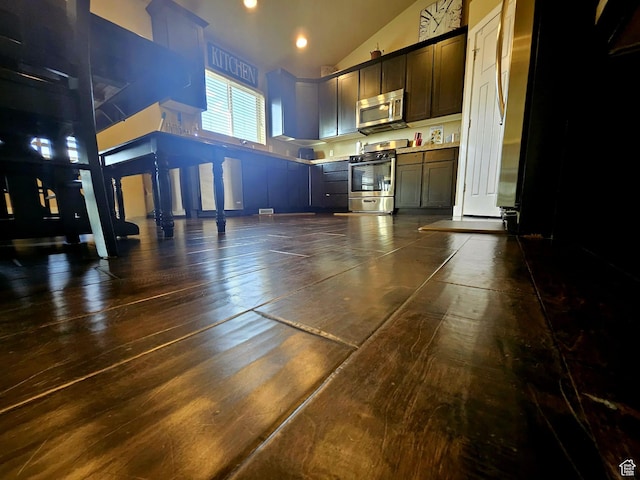 2175 E 1000 N, Ballard, UT 84066 - kitchen with appliances with stainless steel finishes, high vaulted ceiling, light countertops, dark brown cabinets, and dark wood-type flooring