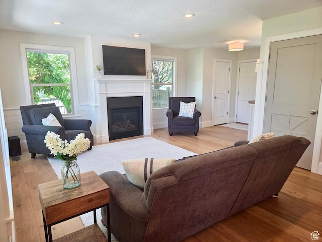 3501 E Golden Eagle Rd N, Eagle Mountain, UT 84005 - living area featuring light wood-type flooring, a glass covered fireplace, and recessed lighting