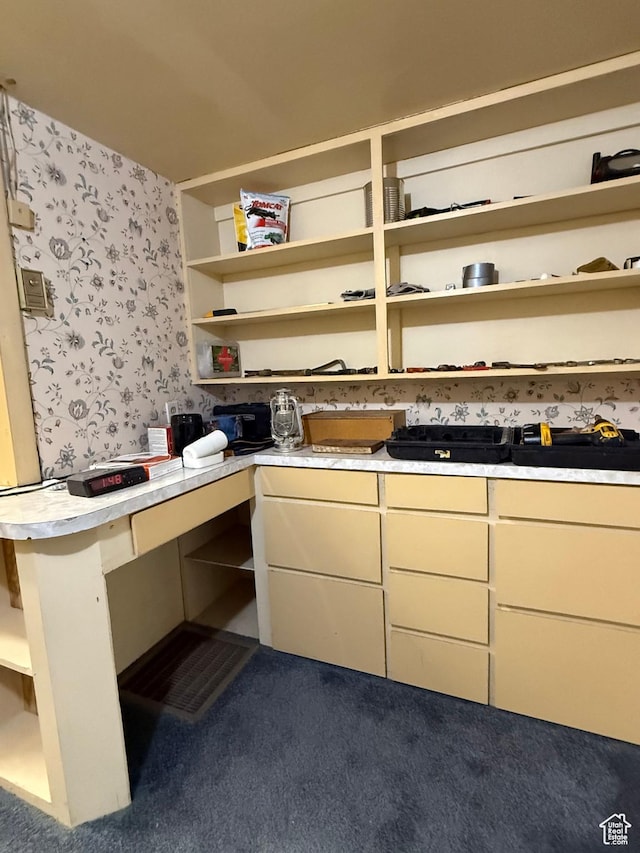 539 E Center St, Pleasant Grove, UT 84062 - kitchen with open shelves, wallpapered walls, light countertops, and dark colored carpet