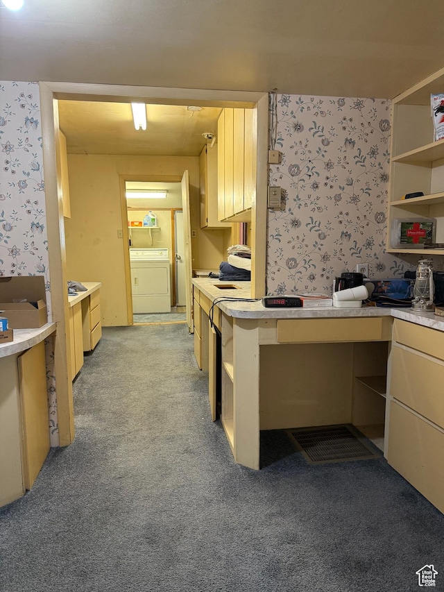 539 E Center St, Pleasant Grove, UT 84062 - kitchen with wallpapered walls, light carpet, light countertops, and open shelves