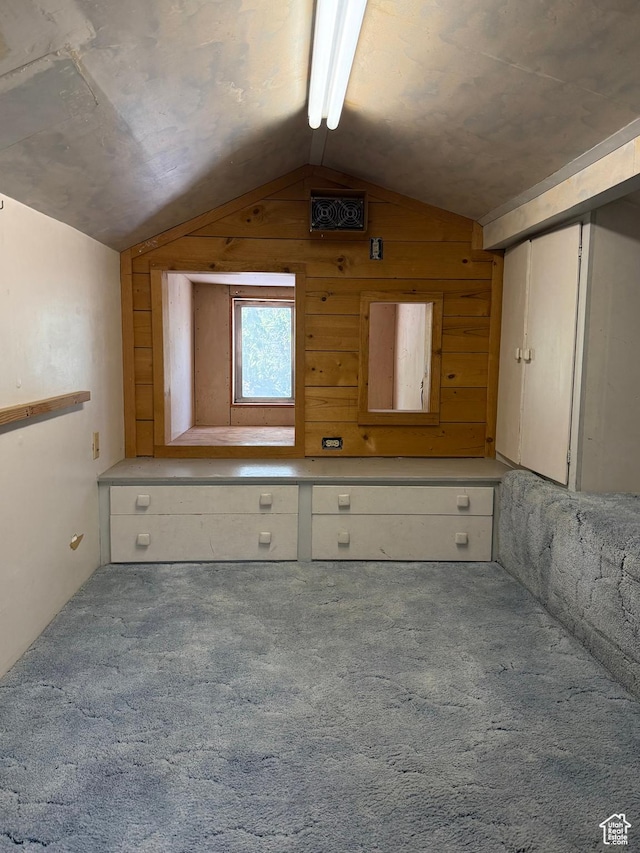 539 E Center St, Pleasant Grove, UT 84062 - additional living space with vaulted ceiling, carpet flooring, and wood walls