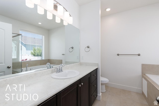 1608 N 500 E, North Ogden, UT 84404 - bathroom featuring a bath, vanity, tile patterned flooring, and a shower stall