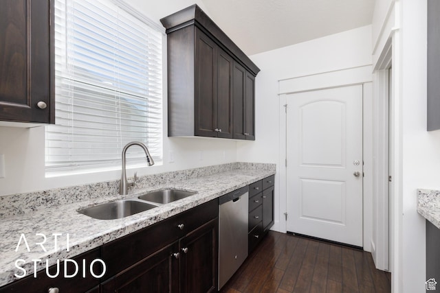 1608 N 500 E, North Ogden, UT 84404 - kitchen featuring stainless steel dishwasher, dark brown cabinets, dark wood-style flooring, and light stone countertops