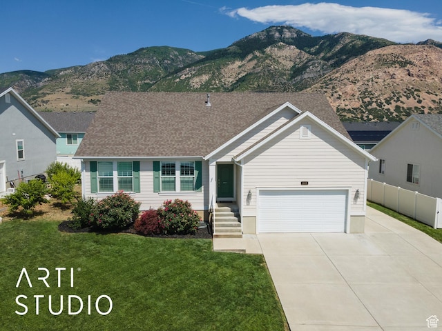 1608 N 500 E, North Ogden, UT 84404 - ranch-style house with driveway, a mountain view, a shingled roof, and a garage