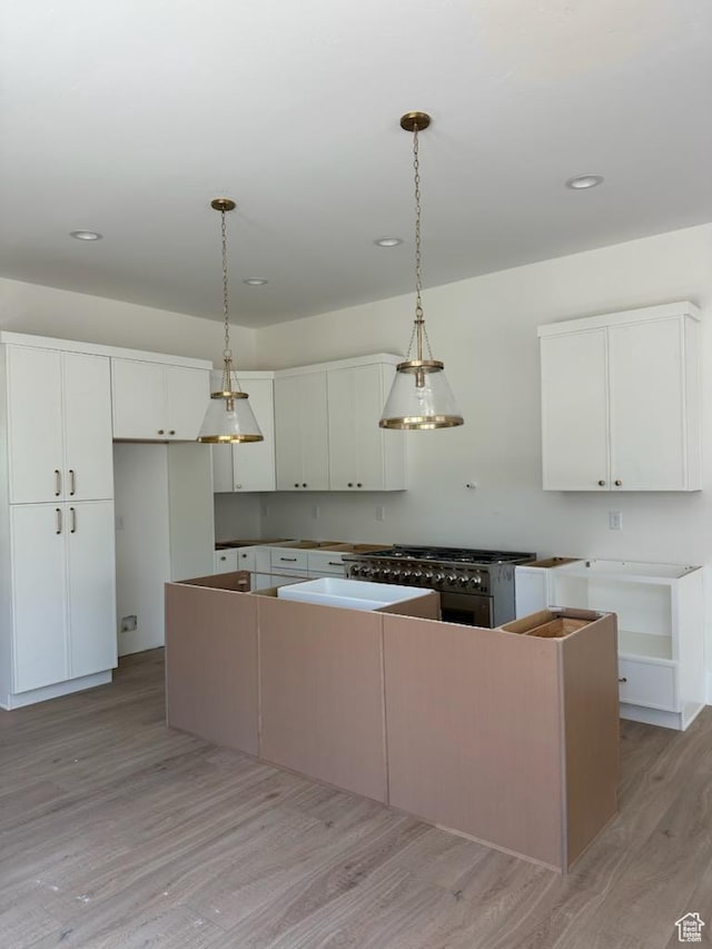 1361 S Lincoln St, Salt Lake City, UT 84105 - kitchen with light wood finished floors, white cabinetry, high end stove, decorative light fixtures, and recessed lighting