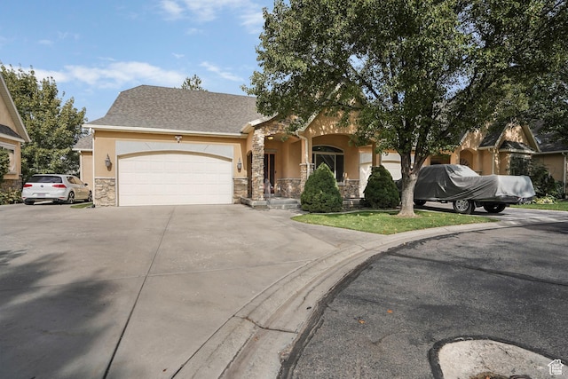 1321 E Farm Dr, Murray, UT 84117 - view of front of property with driveway, stone siding, stucco siding, and an attached garage