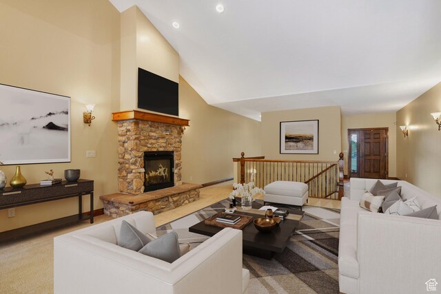 1321 E Farm Dr, Murray, UT 84117 - living room featuring high vaulted ceiling, carpet, a stone fireplace, and a baseboard heating unit