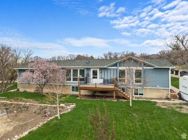 24725 N 11925 E, Fairview, UT 84629 - rear view of property featuring a deck, stairway, a lawn, and a shingled roof