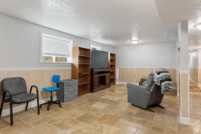 24725 N 11925 E, Fairview, UT 84629 - living area with a textured ceiling, a wainscoted wall, and stone tile flooring