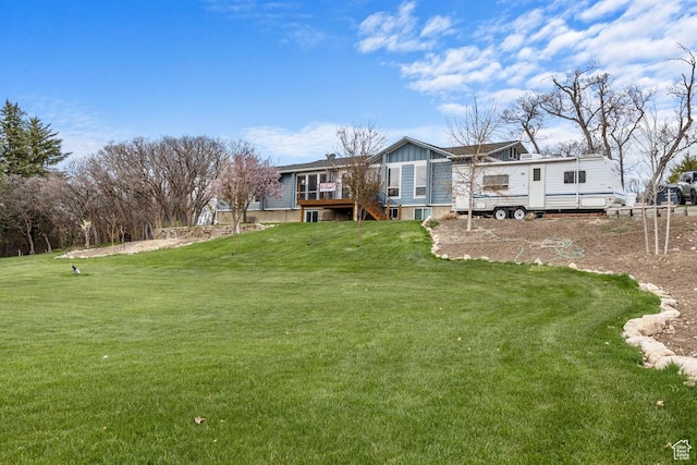 24725 N 11925 E, Fairview, UT 84629 - rear view of property featuring a wooden deck, a lawn, and stairway