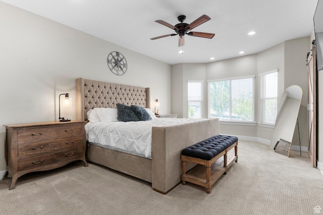 13703 S Blayde Dr, Herriman, UT 84096 - bedroom with light carpet, recessed lighting, and ceiling fan