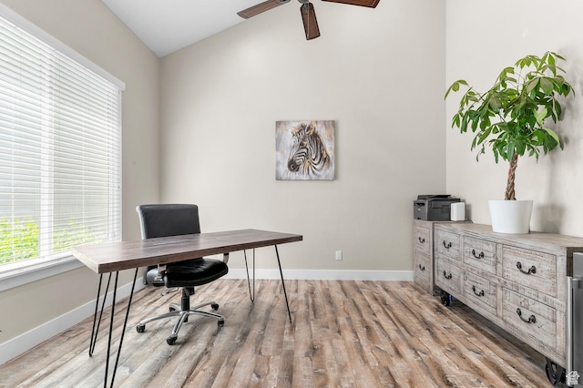 13703 S Blayde Dr, Herriman, UT 84096 - home office featuring a ceiling fan, light wood-type flooring, and lofted ceiling