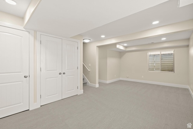 4012 N Bounty Cv W, Lehi, UT 84043 - basement featuring light carpet, recessed lighting, and stairway