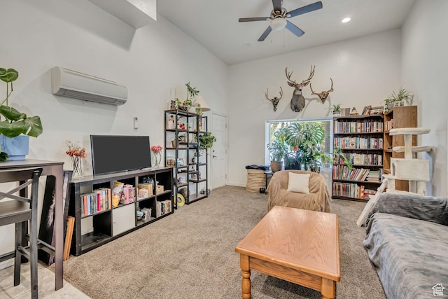 3981 S 500 E, Millcreek, UT 84107 - living room featuring a wall unit AC, carpet, ceiling fan, and recessed lighting