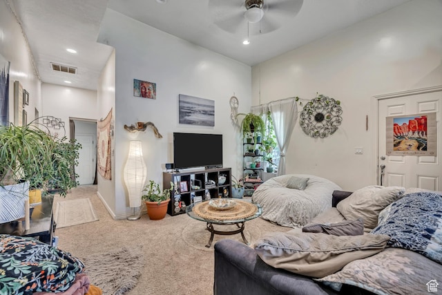 3981 S 500 E, Millcreek, UT 84107 - carpeted living area featuring a ceiling fan, a towering ceiling, and recessed lighting