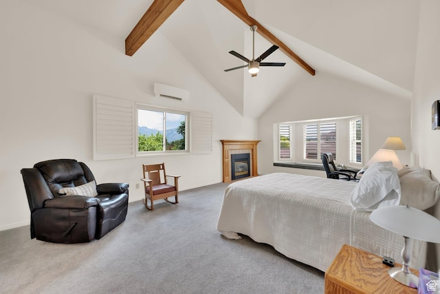 1604 W Roenewood Cir S, Taylorsville, UT 84123 - carpeted bedroom featuring a wall unit AC, beamed ceiling, high vaulted ceiling, a tiled fireplace, and ceiling fan