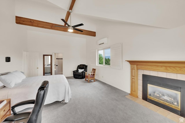 1604 W Roenewood Cir S, Taylorsville, UT 84123 - bedroom featuring a wall mounted air conditioner, beamed ceiling, carpet flooring, a ceiling fan, and high vaulted ceiling