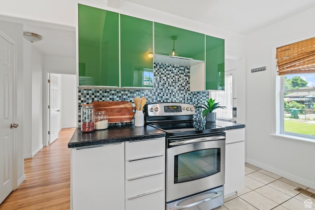 722 E 50 S, Provo, UT 84606 - kitchen with stainless steel range with electric stovetop, backsplash, dark countertops, and light tile patterned flooring