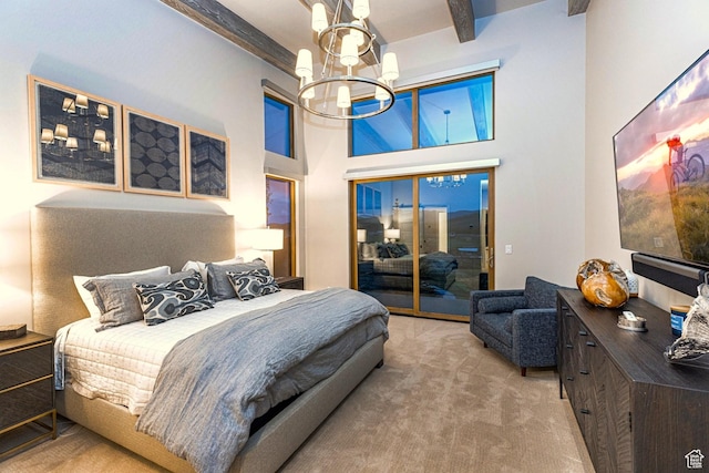 6423 Golden Bear Loop Unit 5, Park City, UT 84098 - carpeted bedroom featuring a chandelier, access to outside, beam ceiling, and a high ceiling