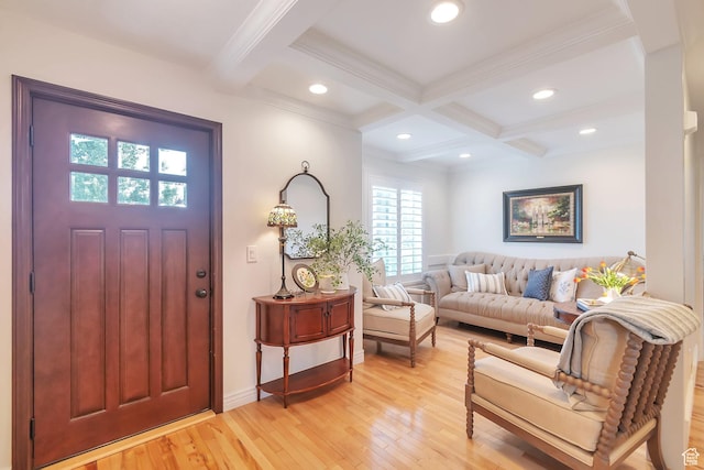 314 E 1290 S, Payson, UT 84651 - entrance foyer with beamed ceiling, coffered ceiling, light wood-style flooring, recessed lighting, and ornamental molding
