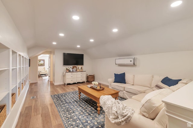 314 E 1290 S, Payson, UT 84651 - living area with a wall unit AC, light wood finished floors, vaulted ceiling, and recessed lighting