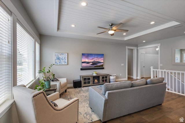 605 W 1660 S, Provo, UT 84601 - living area with wood finished floors, a tray ceiling, a ceiling fan, and recessed lighting