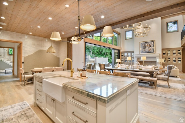 5155 E Canyon Rd, Morgan, UT 84050 - kitchen with open floor plan, wooden ceiling, light wood finished floors, a chandelier, and recessed lighting