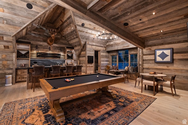 5155 E Canyon Rd, Morgan, UT 84050 - recreation room with wooden walls, wooden ceiling, bar with sink, hardwood / wood-style floors, and billiards table