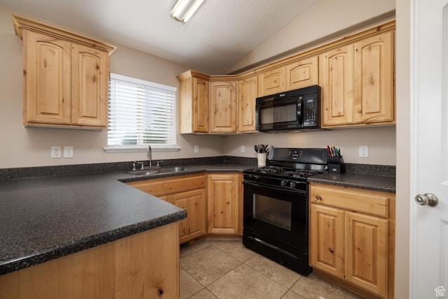 4145 W 700 N, Vernal, UT 84078 - kitchen featuring black appliances, lofted ceiling, light brown cabinets, dark countertops, and light tile patterned floors