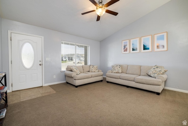 4145 W 700 N, Vernal, UT 84078 - carpeted living room with ceiling fan, vaulted ceiling, and tile patterned floors