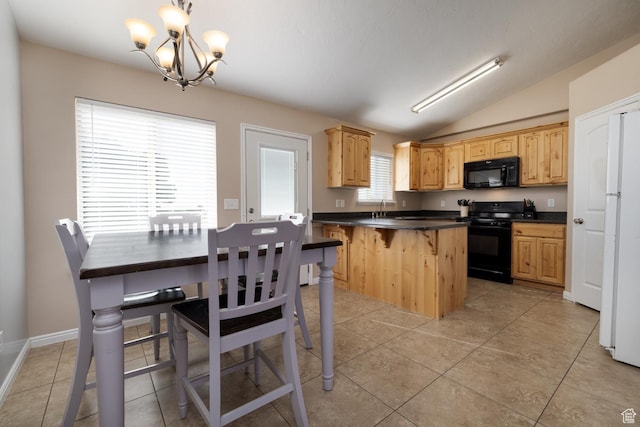 4145 W 700 N, Vernal, UT 84078 - kitchen with black appliances, a chandelier, dark countertops, lofted ceiling, and light tile patterned floors