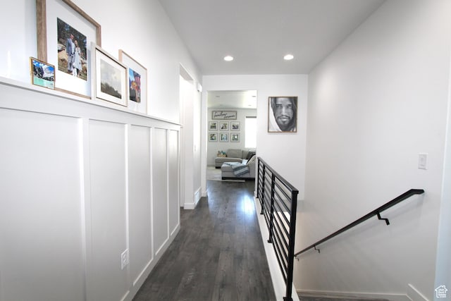 6255 N Wanlass Hl, Eagle Mountain, UT 84005 - hallway with recessed lighting, dark wood-style flooring, and an upstairs landing