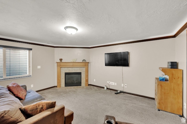 3424 W 4450 S, West Haven, UT 84401 - living room with a textured ceiling, crown molding, carpet floors, and a fireplace