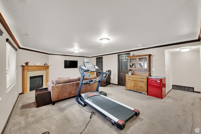 3424 W 4450 S, West Haven, UT 84401 - exercise area featuring light colored carpet, ornamental molding, and a tiled fireplace