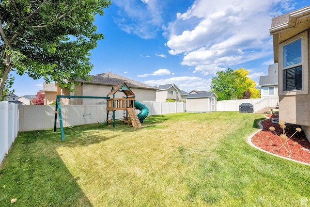 3424 W 4450 S, West Haven, UT 84401 - fenced backyard featuring a playground, a storage shed, and a residential view