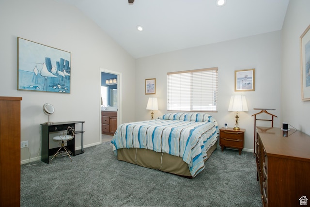 6628 N Malachite Way, Stansbury Park, UT 84074 - carpeted bedroom featuring lofted ceiling, recessed lighting, and ensuite bathroom