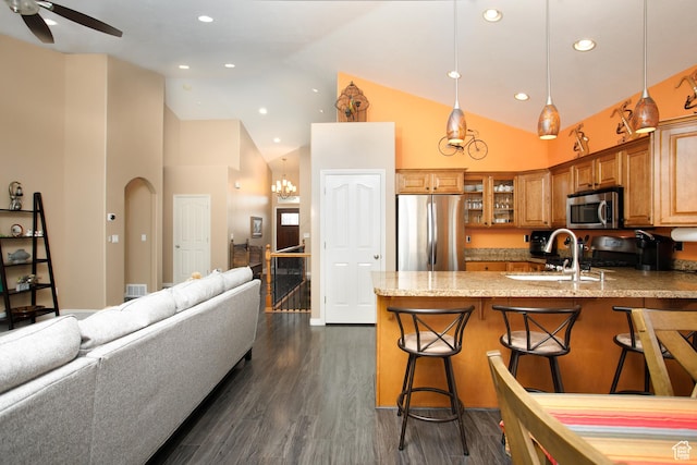 6628 N Malachite Way, Stansbury Park, UT 84074 - kitchen with stainless steel appliances, brown cabinets, a peninsula, high vaulted ceiling, and glass insert cabinets
