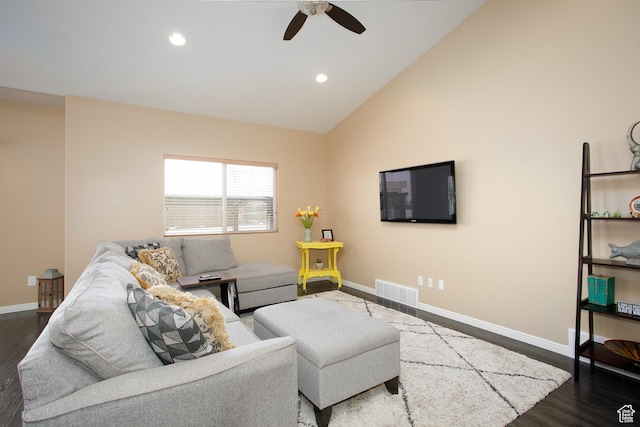 6628 N Malachite Way, Stansbury Park, UT 84074 - living area featuring ceiling fan, dark wood-style floors, vaulted ceiling, and recessed lighting