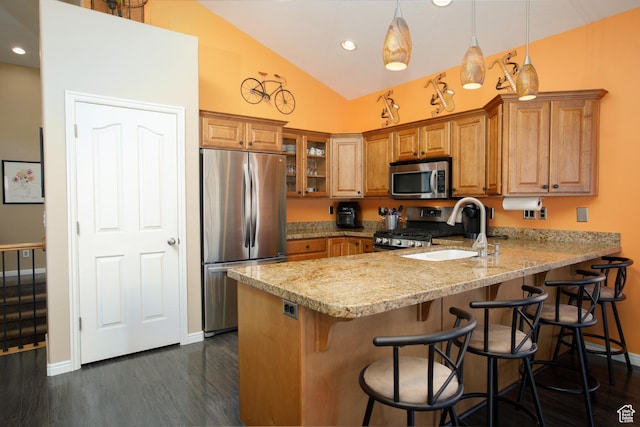 6628 N Malachite Way, Stansbury Park, UT 84074 - kitchen with appliances with stainless steel finishes, brown cabinets, vaulted ceiling, a peninsula, and dark wood-style floors