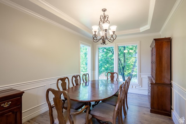 357 N Main St, Alpine, UT 84004 - dining room with a chandelier, a tray ceiling, a decorative wall, wainscoting, and light wood-style floors