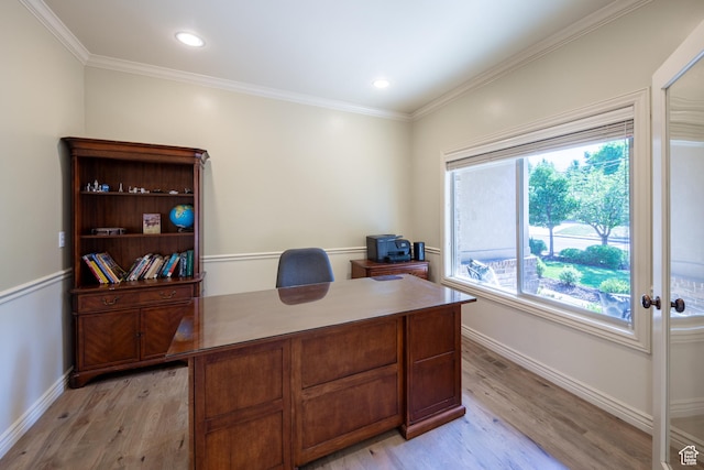 357 N Main St, Alpine, UT 84004 - office area featuring light wood-style flooring, ornamental molding, and recessed lighting