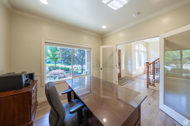 357 N Main St, Alpine, UT 84004 - home office featuring light wood-style floors, healthy amount of natural light, ornamental molding, french doors, and recessed lighting
