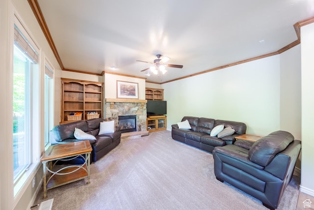 357 N Main St, Alpine, UT 84004 - living area with ornamental molding, carpet flooring, ceiling fan, and a fireplace