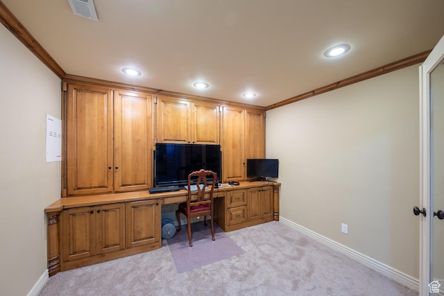 357 N Main St, Alpine, UT 84004 - home office featuring light colored carpet, recessed lighting, ornamental molding, and built in study area